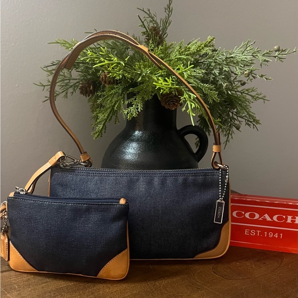 Coach Denim and Tan Shoulder Bag Pkus Matching Wristlet - Picture 1 of 16